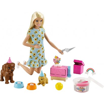 Barbie Famille coffret Anniversaire des Chiots avec poupée blonde 2 figurines chiens pâte à modeler et accessoires jouet pour enfant GXV75 - B3EVNMRAV