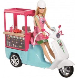 Barbie Métiers Scooter de poupée Bistrot bleu avec comptoir intégré accessoires de cuisine et casque blanc jouet pour enfant FHR08 - BJ35EVTSZ
