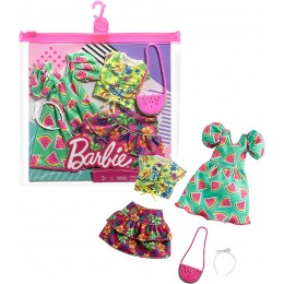 Barbie Fashionistas Kit vêtements 2 tenues pour poupée dont robe motifs pastèque jupe débardeur hawaïen et 2 accessoires jouet pour enfant GRC85 - BD75WWBMJ