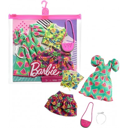 Barbie Fashionistas Kit vêtements 2 tenues pour poupée dont robe motifs pastèque jupe débardeur hawaïen et 2 accessoires jouet pour enfant GRC85 - BD75WWBMJ