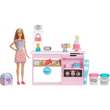 Barbie Métiers Coffret poupée blonde et sa Pâtisserie de décoration de gâteaux trois pots de pâte à modeler et acessoires jouet pour enfant GFP59 - BN4WHSZVE