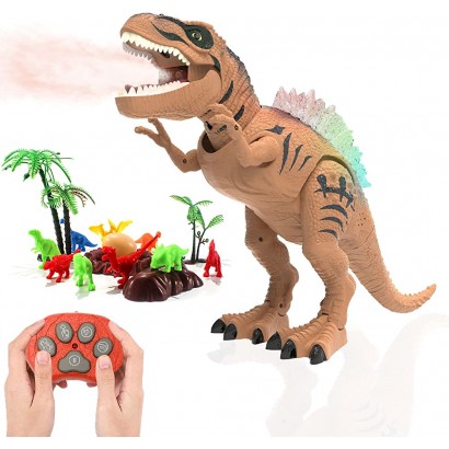 ZHEGAO Jouets dinosaures télécommandés – Fonction de pulvérisation de projection éclairage LED pour marcher et rugir réaliste T-Rex cadeaux pour garçon et fille de 3 ans et plus marron - B11Q4VMIE