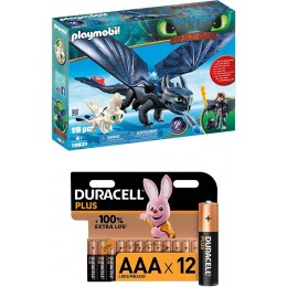 Playmobil Krokmou et Harold avec Bébé Dragon 70037 + Piles alcalines AAA Duracell Plus 1.5V LR03 MN2400 Paquet de 12 - B6KEKTZOK
