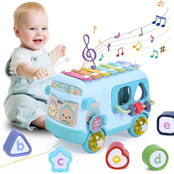 Ltteaoy Jouet Musical Bébé Bus Cadeau éducatifs Interactifs pour Petite Enfance Jouets d'activité Bébé Rampant avec Cube et Xylophone pour Bébé Convient aux Enfants à partir de 18 24 36 MoisBleu - B4VNHHFVY