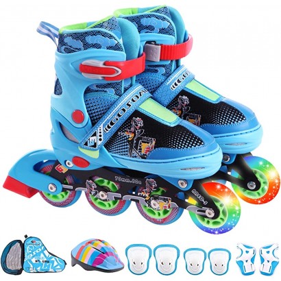 MY99 USHOMI Patins à roulettes pour enfants 3 tailles Bleu Avec roues lumineuses Réglable Avec équipement de protection Cadeau d'anniversaire pour enfants - BH44QYYXU