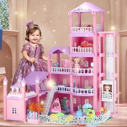 Grande Maison de poupée avec lumières LED colorées,5 étages et Ascenseur RC avec 12 pièces et 39 pièces de Meubles et Accessoires de poupée Jouet de Maison de poupée pour FillesB49 - BQM17UKFD