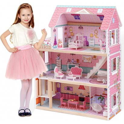 ROBUD Maison à poupées pour mini poupées filles Jouet en bois Maison de poupée Maison rose Cadeau pour enfants à partir de 3 ans - B8KB3PCQO